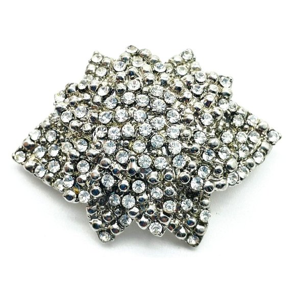 Rhinestone Encrusted Floral Brooch Silver Tone Classic Glam Bling Garden Party - Picture 1 of 6